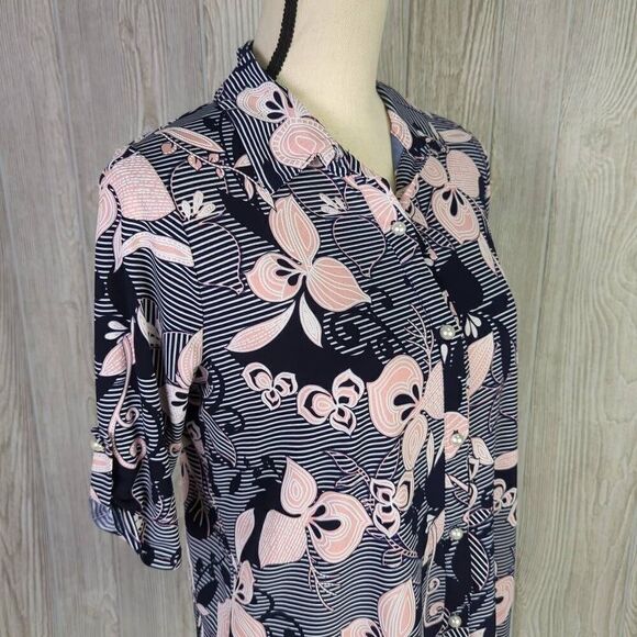 SJS Womens Petite Large Button Front Blouse Blue Pink Floral Roll Tab Sleeves - Picture 1 of 8